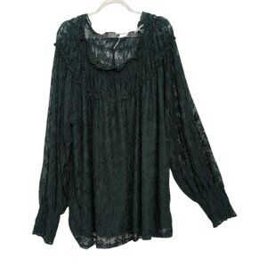 Cato Floral Lace Overlay Shirt Womens Plus Size 22/24W Green Smocked Romantic